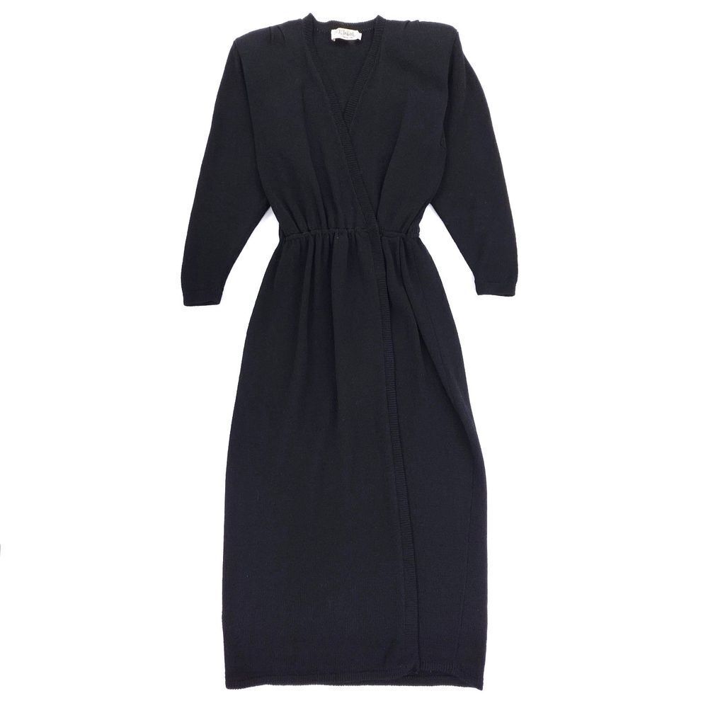 ST JOHN Santana Knit Wool Wrap Dress Minimal Modest Quiet Luxury Old Money Black